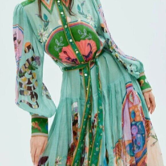 Green Colorful Art Long Balloon Sleeve Collar Button Down Midi Shirt Dress XL - Picture 4 of 16